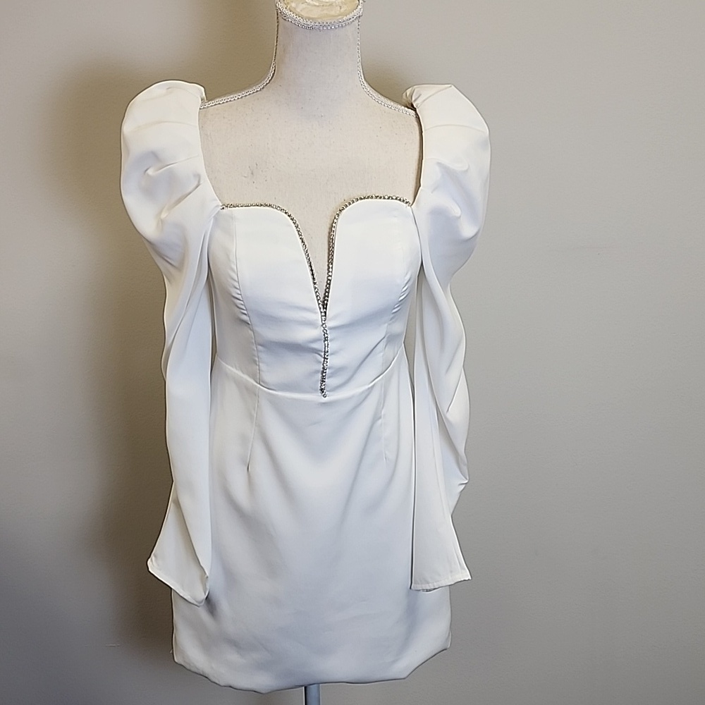 DO+BE White Puff Sleeve Mini Dress with Rhinestone Trim